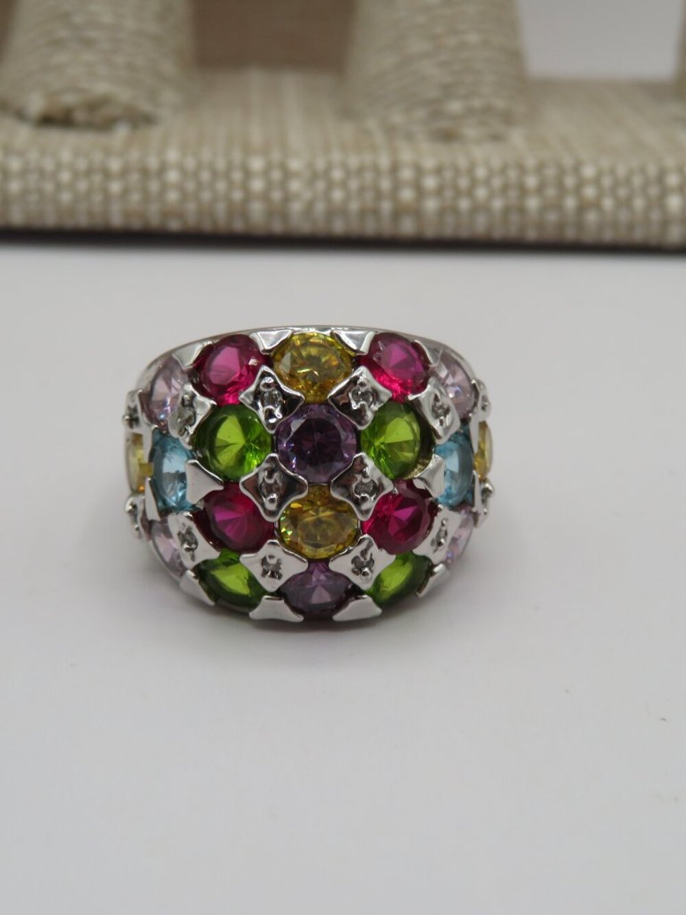 Multi Color Rhinestone Silver Tone Dome Cocktail Ring Sz 10 - Picture 10 of 12